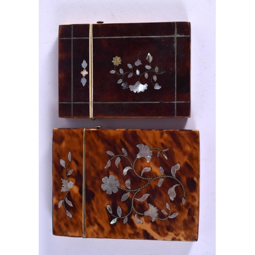 406 - TWO REGENCY MOTHER OF PEARL INLAID TORTOISESHELL CARD CASES decorated with foliage. Largest 10 cm x ... 