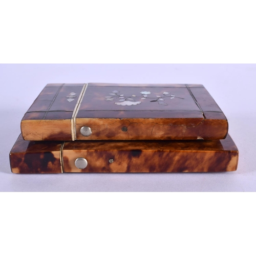 406 - TWO REGENCY MOTHER OF PEARL INLAID TORTOISESHELL CARD CASES decorated with foliage. Largest 10 cm x ... 