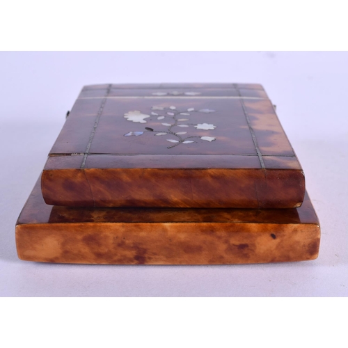 406 - TWO REGENCY MOTHER OF PEARL INLAID TORTOISESHELL CARD CASES decorated with foliage. Largest 10 cm x ... 