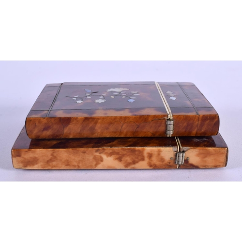 406 - TWO REGENCY MOTHER OF PEARL INLAID TORTOISESHELL CARD CASES decorated with foliage. Largest 10 cm x ... 