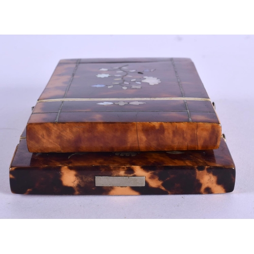 406 - TWO REGENCY MOTHER OF PEARL INLAID TORTOISESHELL CARD CASES decorated with foliage. Largest 10 cm x ... 