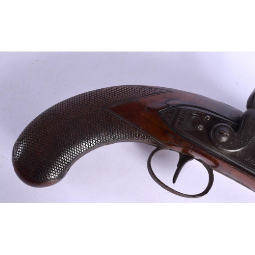 421 - AN ANTIQUE FLINT LOCK PISTOL by I Adams. 38 cm wide.