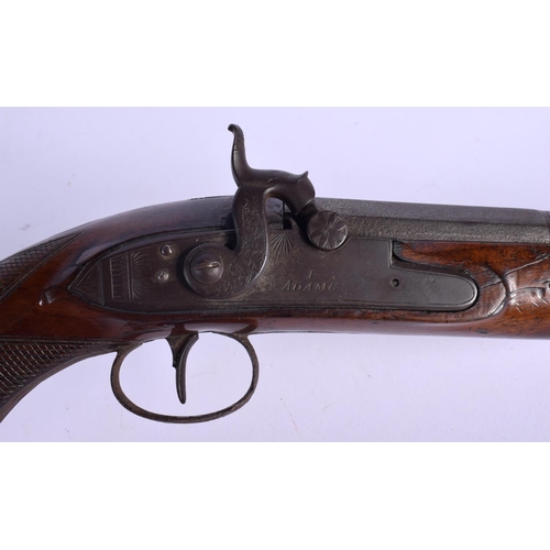 421 - AN ANTIQUE FLINT LOCK PISTOL by I Adams. 38 cm wide.