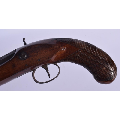 421 - AN ANTIQUE FLINT LOCK PISTOL by I Adams. 38 cm wide.