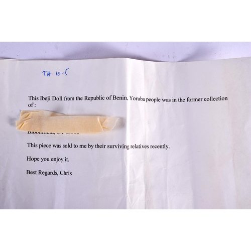 434 - AN AFRICAN TRIBAL YORUBA MALE IBEJI FIGURE. 22 cm x 5 cm. Provenance: Ex Nettleship Collection.