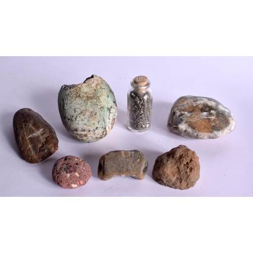 449 - A JURASSIC PERIOD PART REPTILE EGG together with fossils etc. Largest 6.5 cm x 6.5 cm. (7)