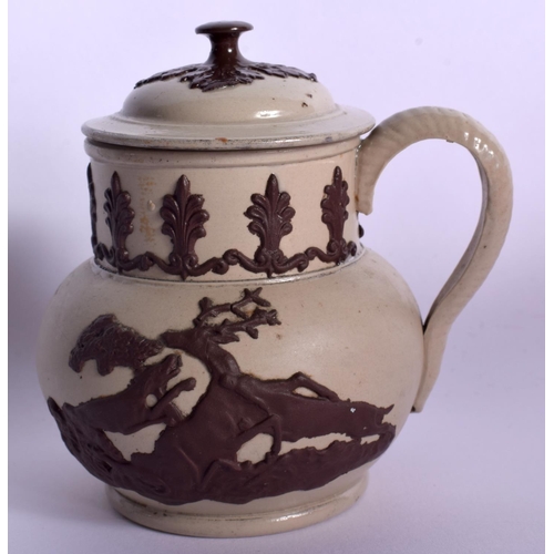 49 - AN ANTIQUE STAFFORDSHIRE JASPER MUSTARD POT together with a pair of Bing & Grondahl plaques. (3)