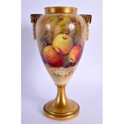 65 - A ROYAL WORCESTER FRUIT PAINTED TWIN HANDLED VASE by Ricketts. 17 cm high.