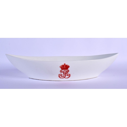 80 - A FRENCH LOUIS PHILIPPE SEVRES PORCELAIN OVAL DISH with red monogram. 27 cm x 11 cm.