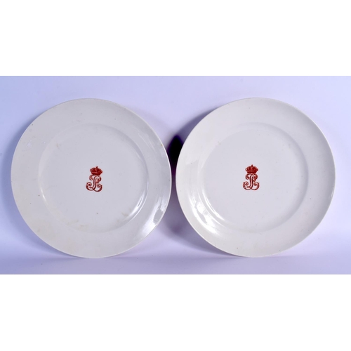 85 - A PAIR OF FRENCH LOUIS PHILIPPE SEVRES PORCELAIN PLATES with red monogram. 24 cm diameter.