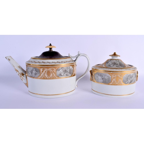 90 - A LATE 18TH CENTURY ENGLISH SILVER MOUNTED PORCELAIN TEAPOT together with a matching sucrier and cov... 