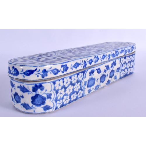 91 - AN OTTOMAN TURKISH MIDDLE EASTERN BLUE AND WHITE PEN BOX AND COVER painted with flowers. 30 cm x 8 c... 