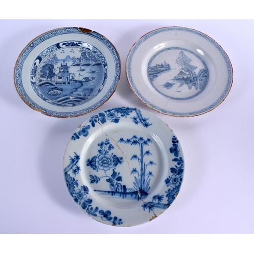 97 - THREE 18TH CENTURY DELFT BLUE AND WHITE TIN GLAZED PLATES  painted with various scenes. 24 cm diamet... 