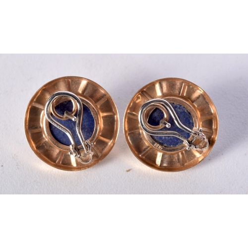 1410 - A PAIR OF 14CT GOLD AND LAPIS EARRINGS.  Stamped 14K, 2cm diameter, weight 7g