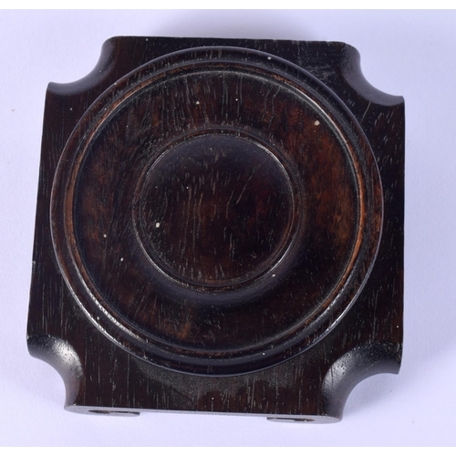 12 - A 19TH CENTURY CHINESE CARVED HARDWOOD SQUARE FORM STAND possibly Zitan. 10.5 cm wide.