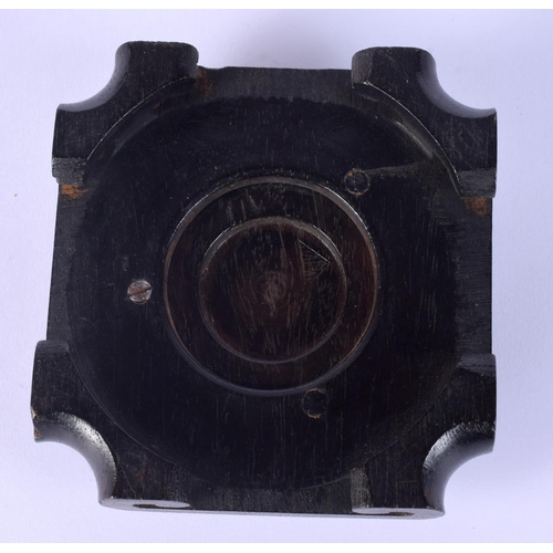 12 - A 19TH CENTURY CHINESE CARVED HARDWOOD SQUARE FORM STAND possibly Zitan. 10.5 cm wide.