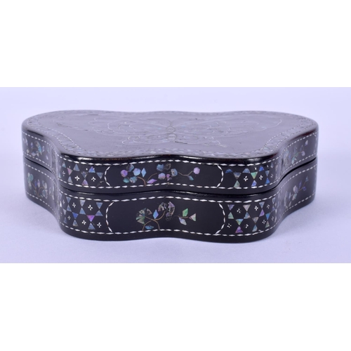 14 - A 19TH CENTURY CHINESE BLACK LACQUER MOTHER OF PEARL INLAID BOX in the form of a butterfly. 10 cm x ... 