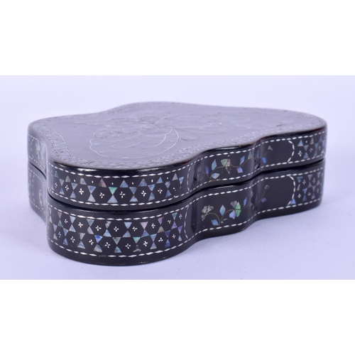14 - A 19TH CENTURY CHINESE BLACK LACQUER MOTHER OF PEARL INLAID BOX in the form of a butterfly. 10 cm x ... 
