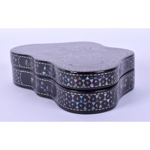 14 - A 19TH CENTURY CHINESE BLACK LACQUER MOTHER OF PEARL INLAID BOX in the form of a butterfly. 10 cm x ... 