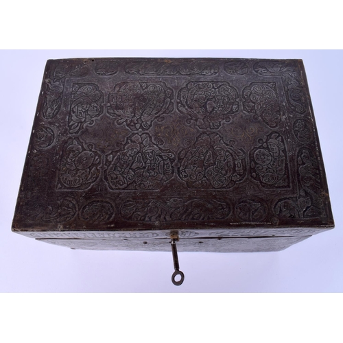 17 - A RARE 18TH/19TH CENTURY PERSIAN SAFAVID STEEL GOLD INLAID CASKET decorated wall over with kufic scr... 