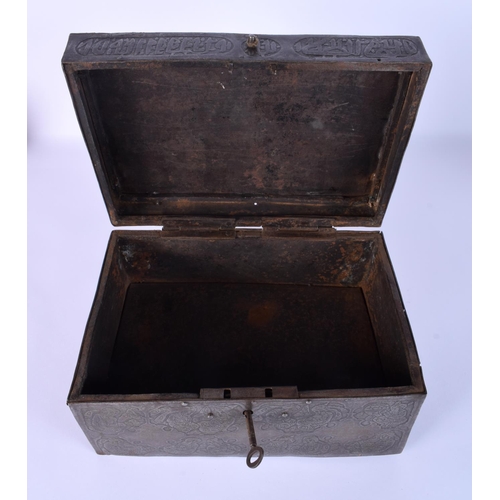 17 - A RARE 18TH/19TH CENTURY PERSIAN SAFAVID STEEL GOLD INLAID CASKET decorated wall over with kufic scr... 