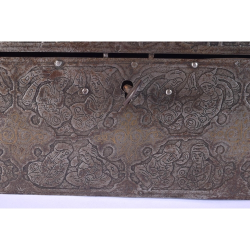 17 - A RARE 18TH/19TH CENTURY PERSIAN SAFAVID STEEL GOLD INLAID CASKET decorated wall over with kufic scr... 