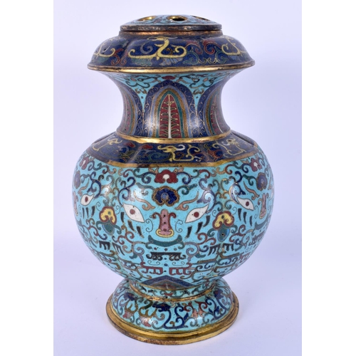 26 - A RARE CHINESE QING DYNASTY CLOISONNE ENAMEL VASE AND COVER of unusual form, with removable cover, d... 