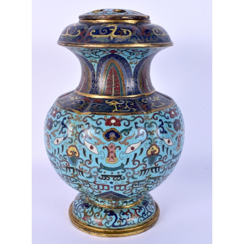26 - A RARE CHINESE QING DYNASTY CLOISONNE ENAMEL VASE AND COVER of unusual form, with removable cover, d... 