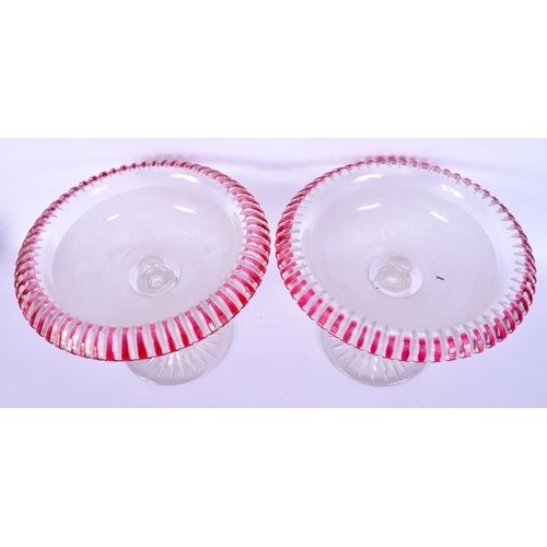 34 - A PAIR OF 1930S BOHEMIAN RUBY FLASH CLEAR GLASS COMPORTS. 18 cm x 16 cm.