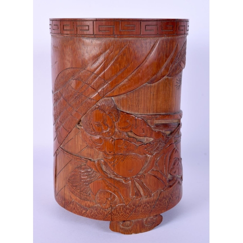 37 - A FINE 19TH CENTURY JAPANESE MEIJI PERIOD CARVED BAMBOO BRUSH POT decorated with samurai fighting. 1... 
