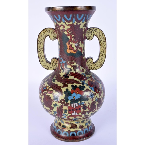 51 - A 19TH CENTURY CHINESE TWIN HANDLED CLOISONNE ENAMEL VASE decorated with birds and foliage. 20 cm hi... 