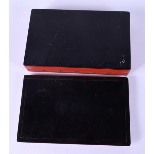 52 - TWO EARLY 20TH CENTURY CHINESE RED LACQUER ITEMS including a jade pendant. Largest 15 cm wide. (3)