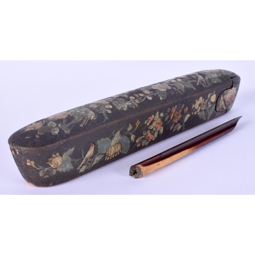 54 - A 19TH CENTURY PERSIAN LACQUERED SLIDING PEN BOX painted with flowers. 24 cm long.