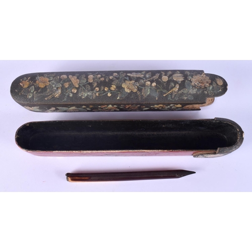 54 - A 19TH CENTURY PERSIAN LACQUERED SLIDING PEN BOX painted with flowers. 24 cm long.