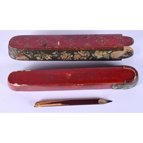 54 - A 19TH CENTURY PERSIAN LACQUERED SLIDING PEN BOX painted with flowers. 24 cm long.