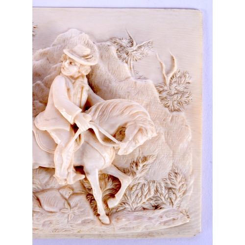 57 - A FINE 19TH CENTURY EUROPEAN DIEPPE CARVED IVORY RECTANGULAR PLAQUE depicting figures on horseback. ... 