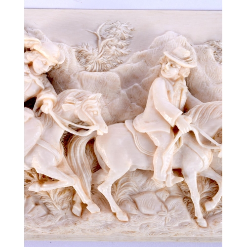 57 - A FINE 19TH CENTURY EUROPEAN DIEPPE CARVED IVORY RECTANGULAR PLAQUE depicting figures on horseback. ... 