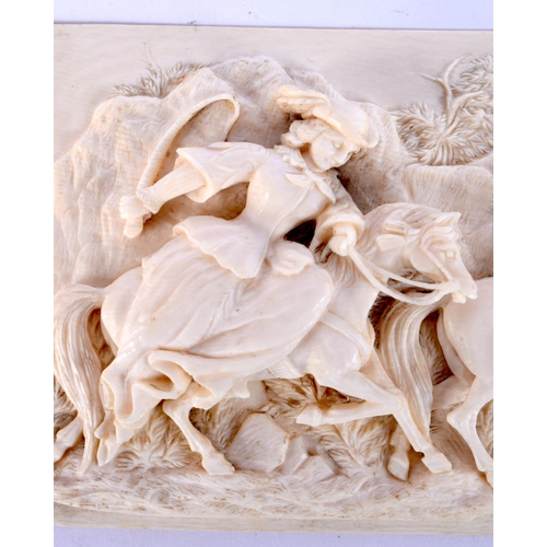57 - A FINE 19TH CENTURY EUROPEAN DIEPPE CARVED IVORY RECTANGULAR PLAQUE depicting figures on horseback. ... 