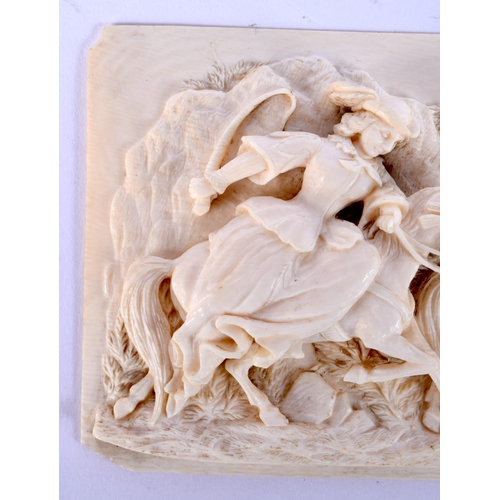 57 - A FINE 19TH CENTURY EUROPEAN DIEPPE CARVED IVORY RECTANGULAR PLAQUE depicting figures on horseback. ... 