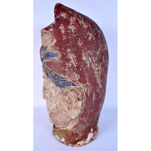58 - A LARGE 19TH CENTURY CHINESE CARVED POLYCHROMED WOOD BUST OF GUANYIN modelled wearing a tiger mask. ... 