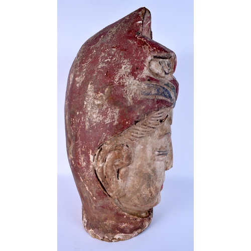 58 - A LARGE 19TH CENTURY CHINESE CARVED POLYCHROMED WOOD BUST OF GUANYIN modelled wearing a tiger mask. ... 