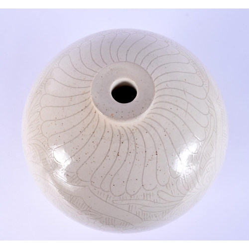 7 - A RARE CHINESE QING DYNASTY INCISED WHITE GLAZED BULBOUS VASE decorated with birds and foliage. 24 c... 