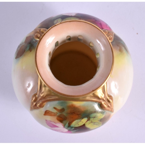 100 - Royal Worcester vase with pierced neck painted with roses shape H306 date mark 1916. 10cm high