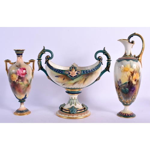 102 - Early 20th c. Royal Worcester Hadleyware boat shaped two handled vase painted with lilies, a Hadleyw... 