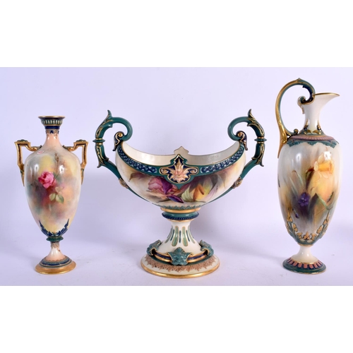 102 - Early 20th c. Royal Worcester Hadleyware boat shaped two handled vase painted with lilies, a Hadleyw... 