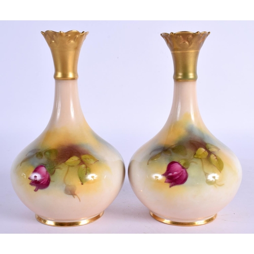 103 - Royal Worcester pair of vases  painted with roses shape G702 date mark 1924. 14cm high.