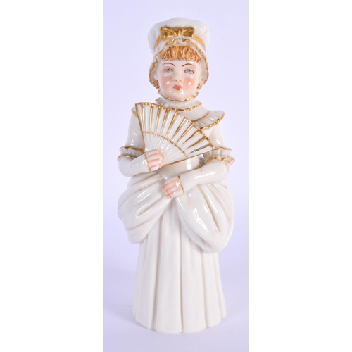 107 - Royal Worcester candlesnuffer modelled as the Town Girl, holding an open fan, date mark 1892. 12cm h... 