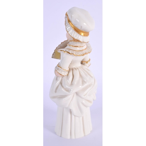 107 - Royal Worcester candlesnuffer modelled as the Town Girl, holding an open fan, date mark 1892. 12cm h... 