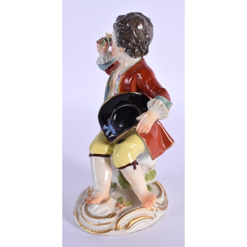 11 - A 19TH CENTURY MEISSEN PORCELAIN FIGURE OF A BOY modelled holding foliage. 13.5 cm x 6 cm.