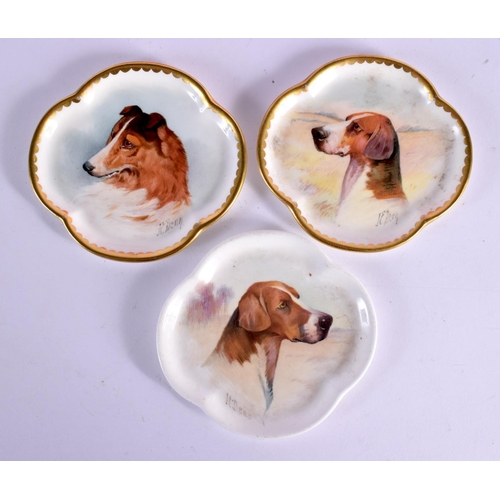 119 - Minton set of three small trays or plaques painted with dogs by JE Dean, signed two with inscription... 